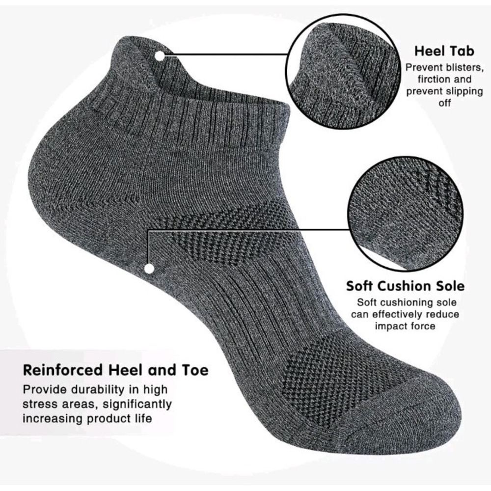 Mens Cotton Ankle Socks, Athletic Cushioned, Grey, 10ct, Men's 7-10 Women's 9-12 - Picture 3 of 3